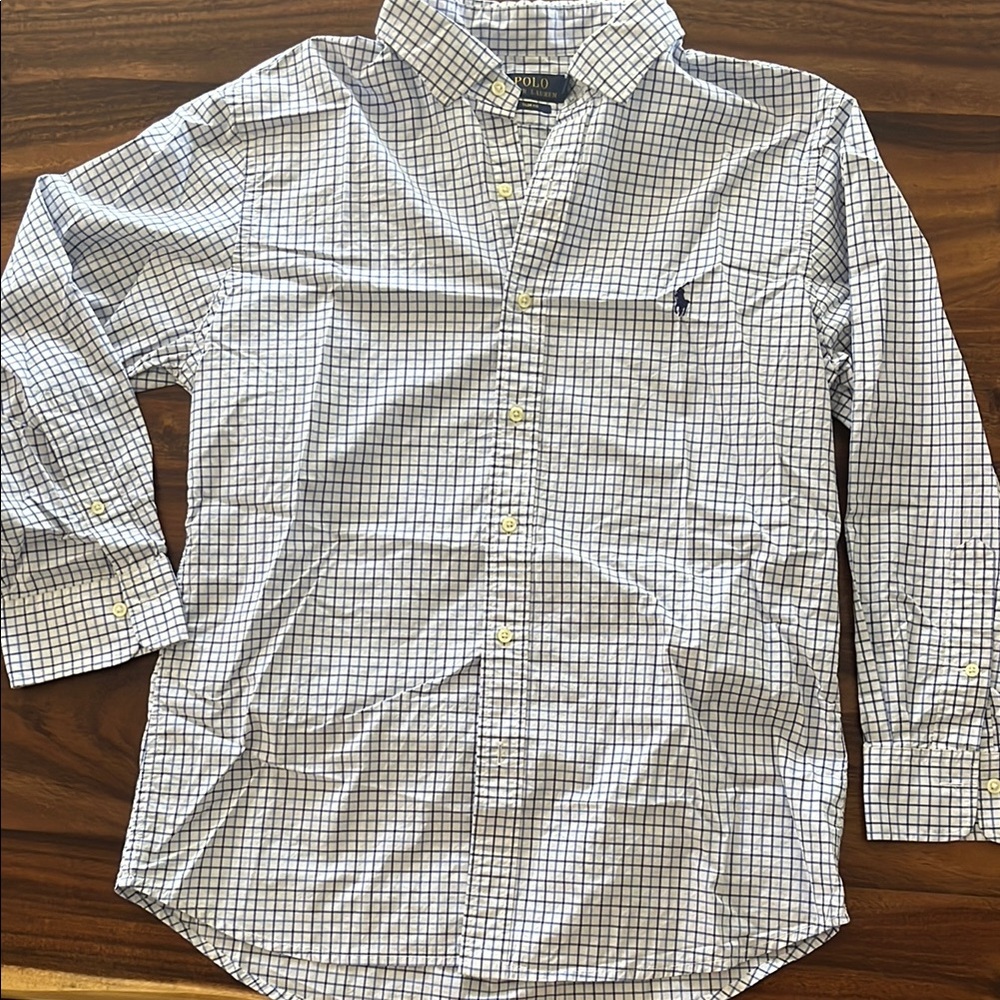 Polo by Ralph Lauren White Button-Down Shirt with Navy Windowpane Grid